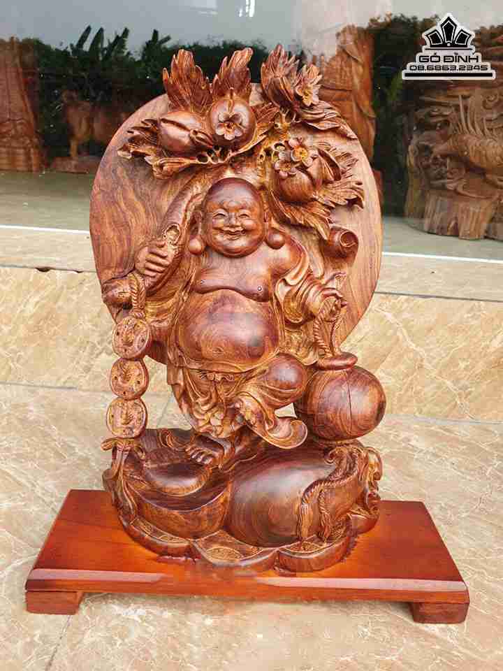 Tượng Phật Di Lặc Vác Cành Đào Gỗ Cẩm  Cao 36 Ngang 23 Sâu 10 (cm)