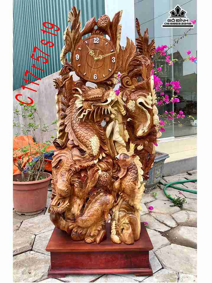 Tượng Cửu Ngư Quần Sen Gỗ Hương  Cao 117 Ngang 57 Sâu 19 (cm)