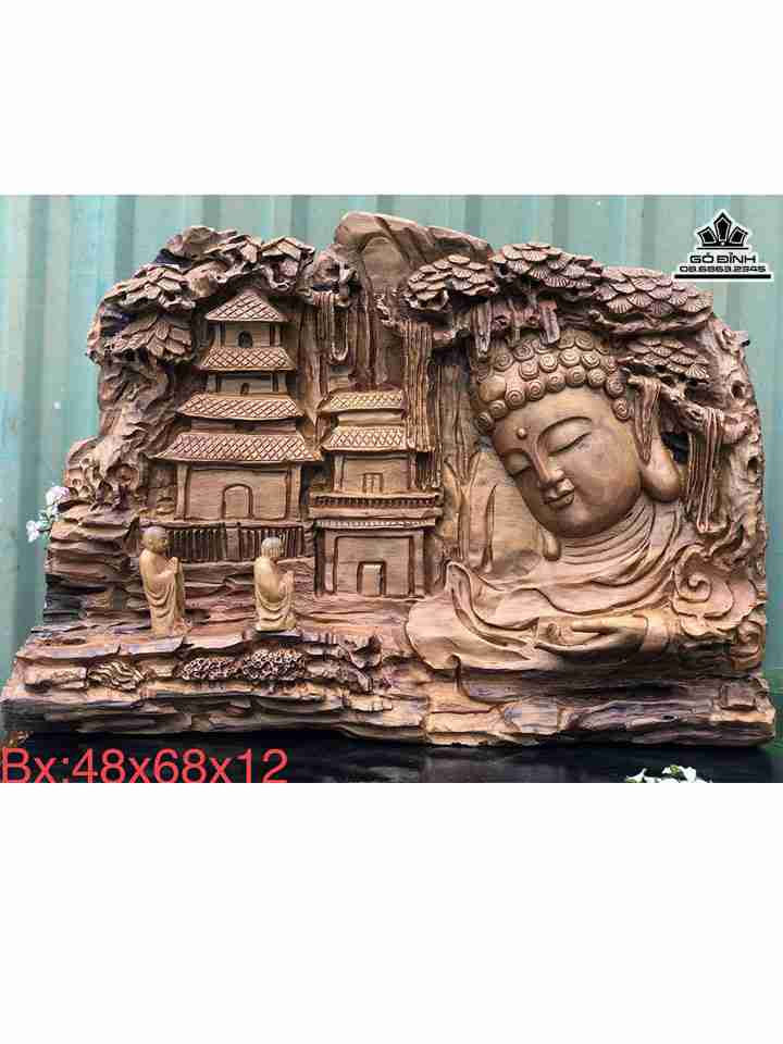 Tượng Diện Phật Gỗ bách Xanh  Cao 48 Ngang 68 Sâu 12 (cm)
