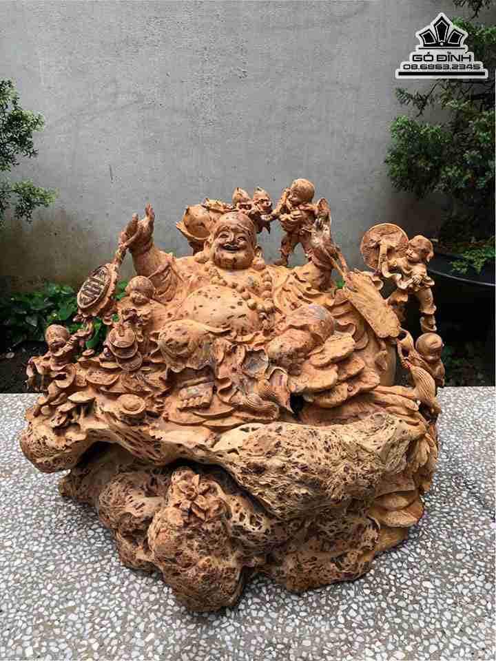 Tượng Phật Di Lặc Ngũ Phúc Gỗ Nu Ngọc Am  Cao 50 Ngang 65 Sâu 50 (cm)