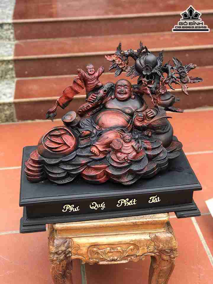 Tượng Phật Di Lặc Vác Cành Đào Gỗ Trắc  Cao 36 Ngang 56 Sâu 30 (cm)