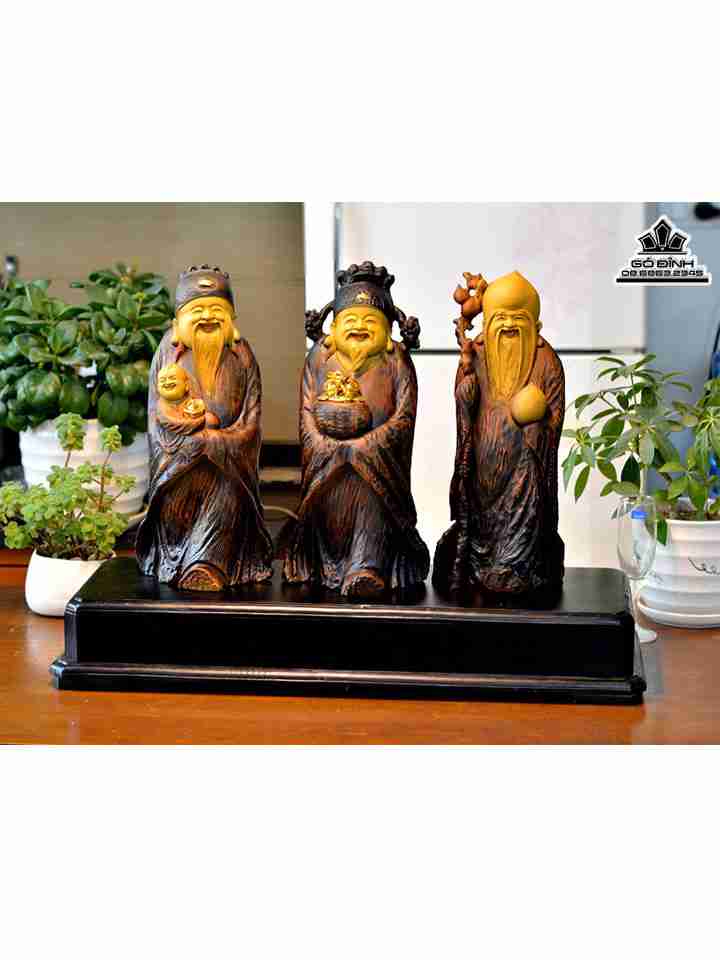 Tượng Tam Đa Phúc Lộc Thọ Gỗ Bách Xanh  Cao 51 Ngang 18 Sâu 15 (cm)