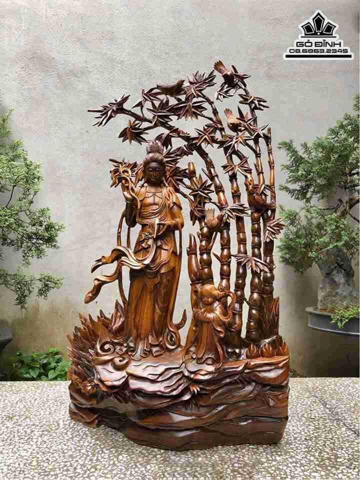 Tượng Phật Bà Quan Âm Từ Bi Gỗ Bách Xanh  Cao 90 Ngang 50 Sâu 30 (cm)