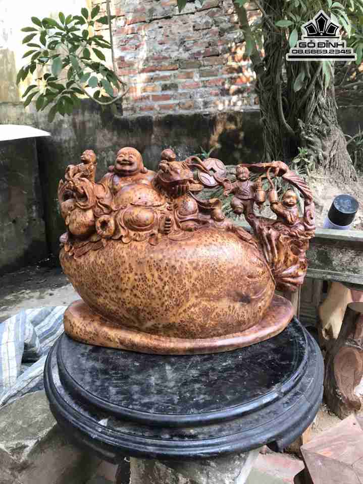 Tượng Phật Di Lặc Ngũ Phúc Gỗ Nu Ngọc Am  Cao 27 Ngang 46 Sâu 23 (cm)