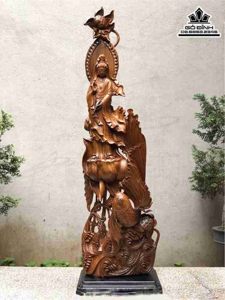 Tượng Phật Bà Quan Âm Gỗ Bách Xanh  Cao 115 Ngang 36 Sâu 20 (cm)