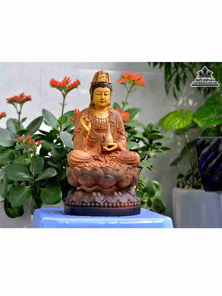 Tượng Phật Bà Quan Âm Ngồi Đài Sen Gỗ Bách Xanh  Cao 30 Ngang 16 Sâu 15 (cm)