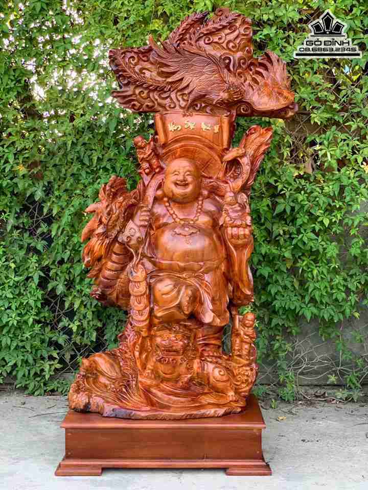 Tượng Phật Di Lặc Tam Phúc Tứ Linh Gỗ Hương  Cao 131 Ngang 58 Sâu 32 (cm)
