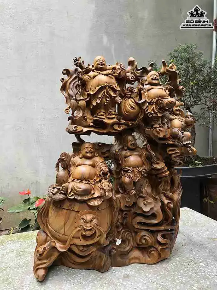 Tượng Phật Di Lặc Ngũ Phúc Gỗ Bách Xanh  Cao 72 Ngang 60 Sâu 21 (cm)