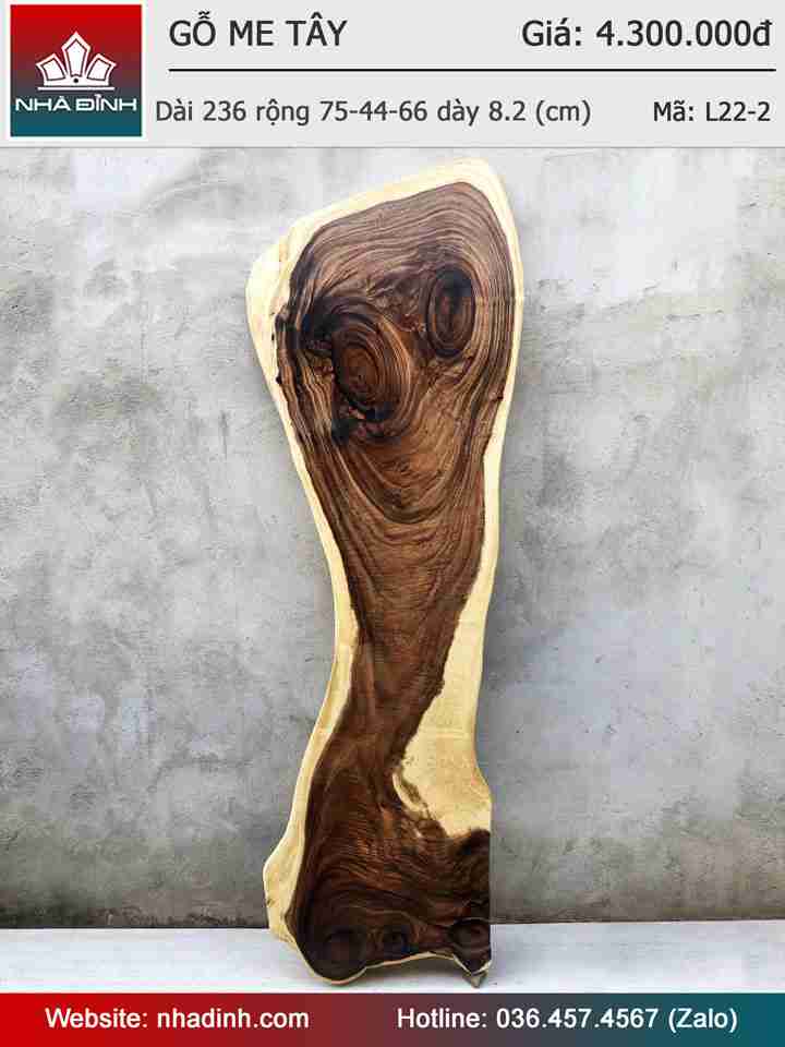 Mặt Bàn Gỗ Me Tây Nguyên Tấm  Dài 236 Rộng 75-44-44 Dày 8,2 (cm)