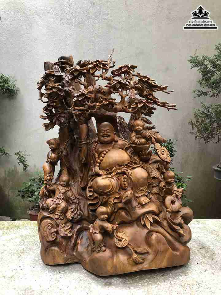 Tượng Phật Di Lặc Ngũ Quỷ Gỗ Bách Xanh  Cao 73 Ngang 52 Sâu 50 (cm)