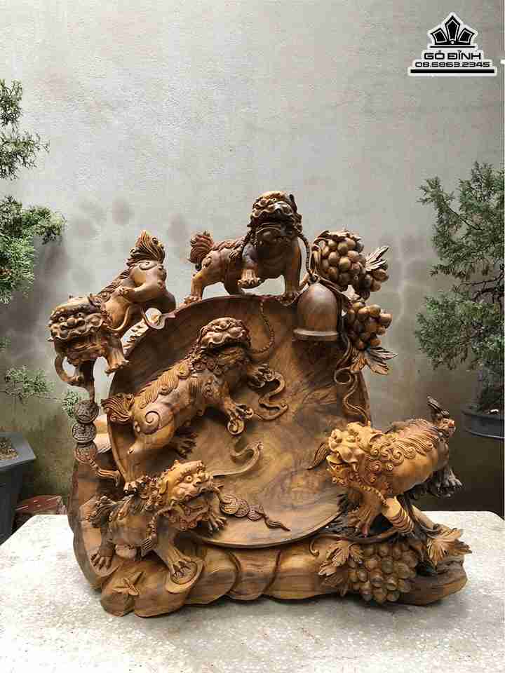 Tượng Ngũ Nghê Gỗ Bách Xanh  Cao 73 Ngang 75 Sâu 52 (cm)