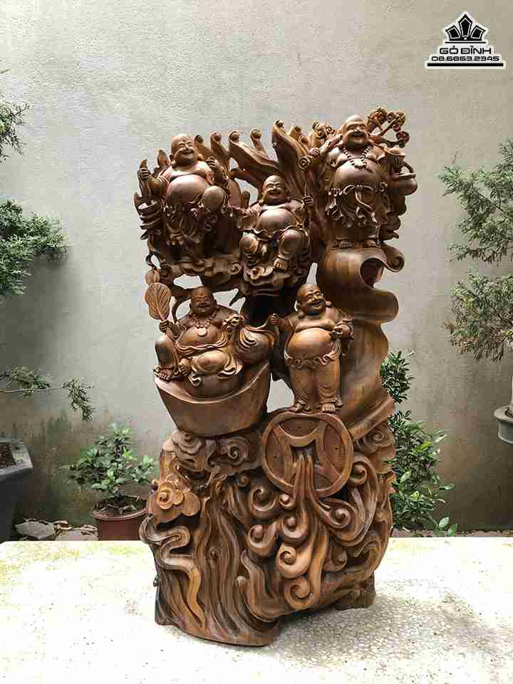 Tượng Phật Di Lặc Ngũ Phúc Gỗ Bách Xanh  Cao 85 Ngang 48 Sâu 24 (cm)