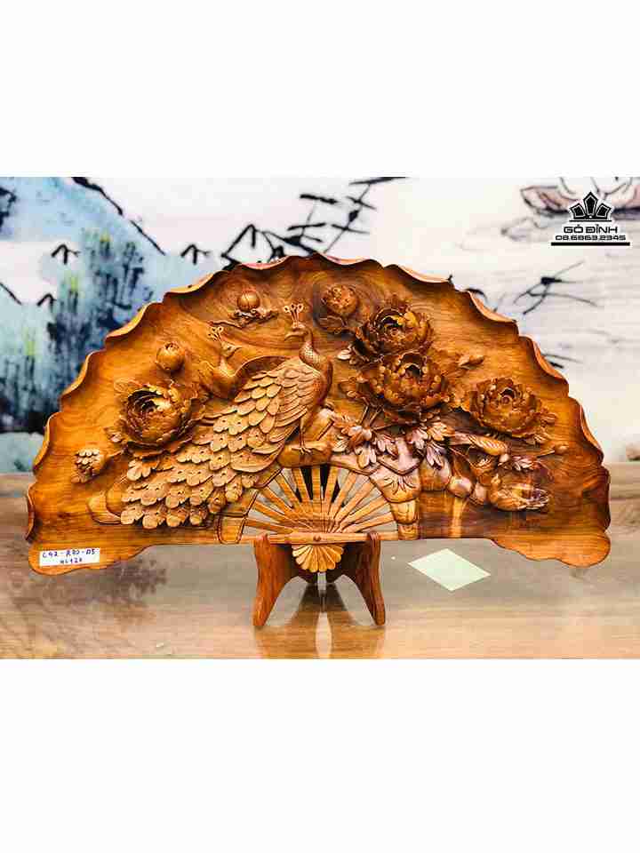 Quạt Phu Thê Khổng Tước Gỗ Hương Việt  Cao 42 Ngang 80 Dày 5 (cm)