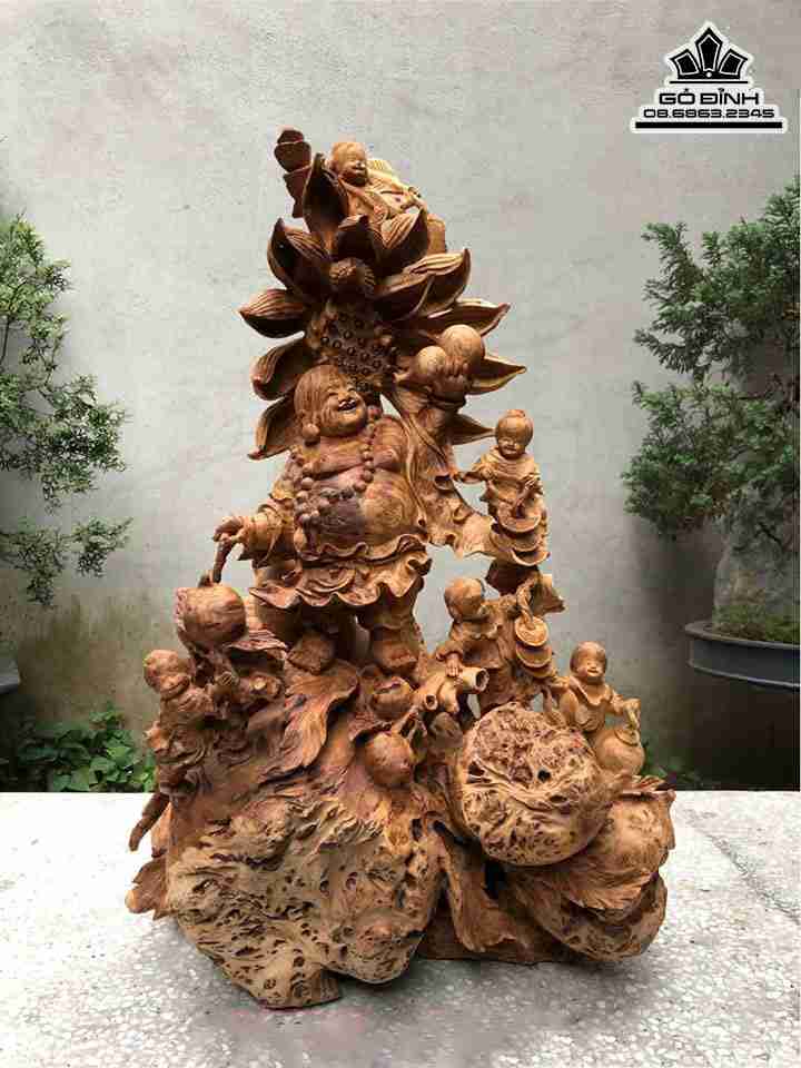 Tượng Phật Di Lặc Ngũ Phúc Gỗ Nu Ngọc Am  Cao 76 Ngang 52 Dày 35 (cm)