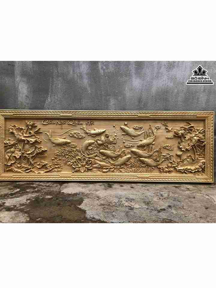 Tranh Cửu Ngư Quần Hội Gỗ Bò Ma ( Dổi lá to)  Cao 49 Ngang 1m48 Sâu 4,5(cm)