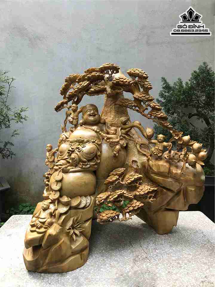 Tượng Phật Di Lặc Ngũ Phúc Gỗ Găng Bầu  Cao 90 Ngang 80 Sâu 56 (cm)