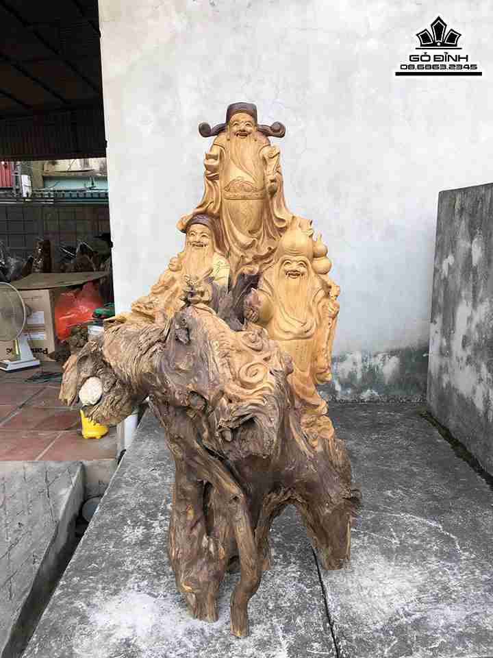 Tượng Tam Đa Phúc Lộc Thọ Gỗ Bách Xanh  Cao 103 Ngang 63 Sâu 36 (cm)