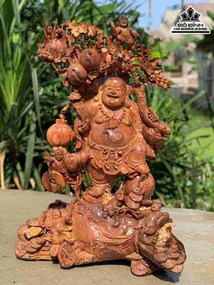 Tượng Phật Di Lặc Vác Cành Đào Gỗ Cẩm  Cao 85 Ngang 65 Sâu 30 (cm)