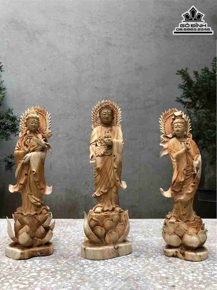 Tượng Tam Thế Phật Gỗ Hoàng Đàn  Cao 35 Ngang 10 Sâu 9 (cm)