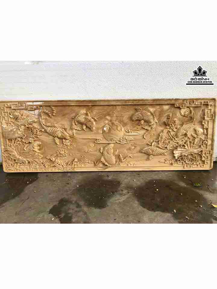 Tranh Cửu Ngư Quần Hội Gỗ Nghiến  Cao 37.5 Ngang 111.5 Dày 3 (cm)