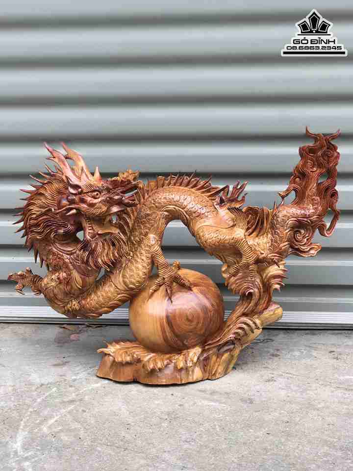 Tượng Nhất Long Vờn Ngọc Gỗ Hương  Cao 48 Ngang 48 Sâu 20 (cm)