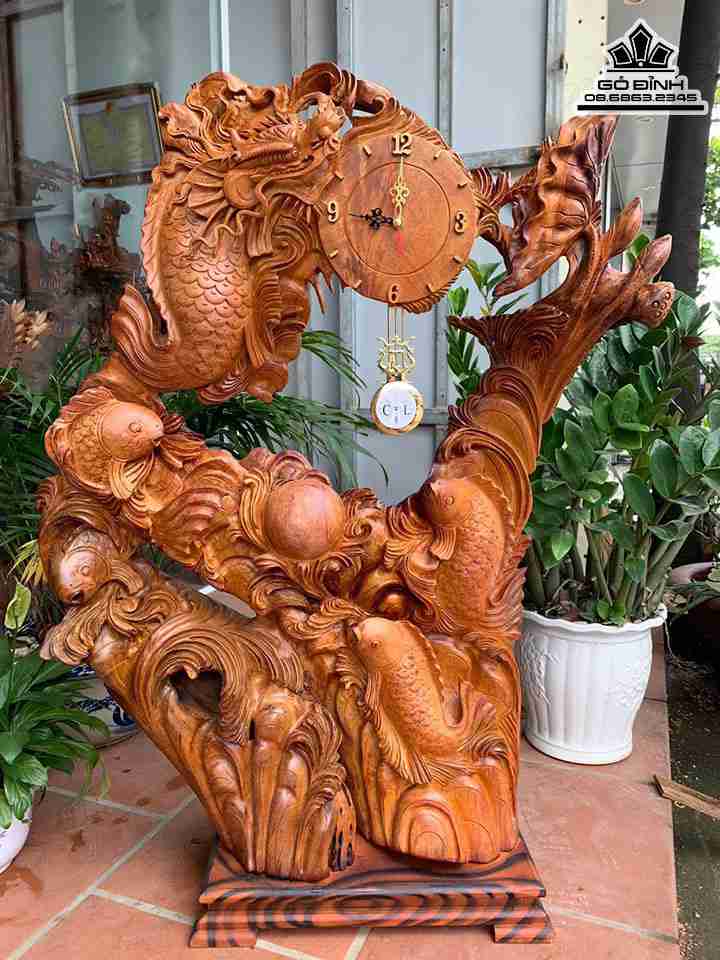 Đồng Hồ Cá Chép Hóa Rồng Gỗ Hương  Cao 110 ( Cả kỷ ) Ngang 76 Sâu 24 (cm)