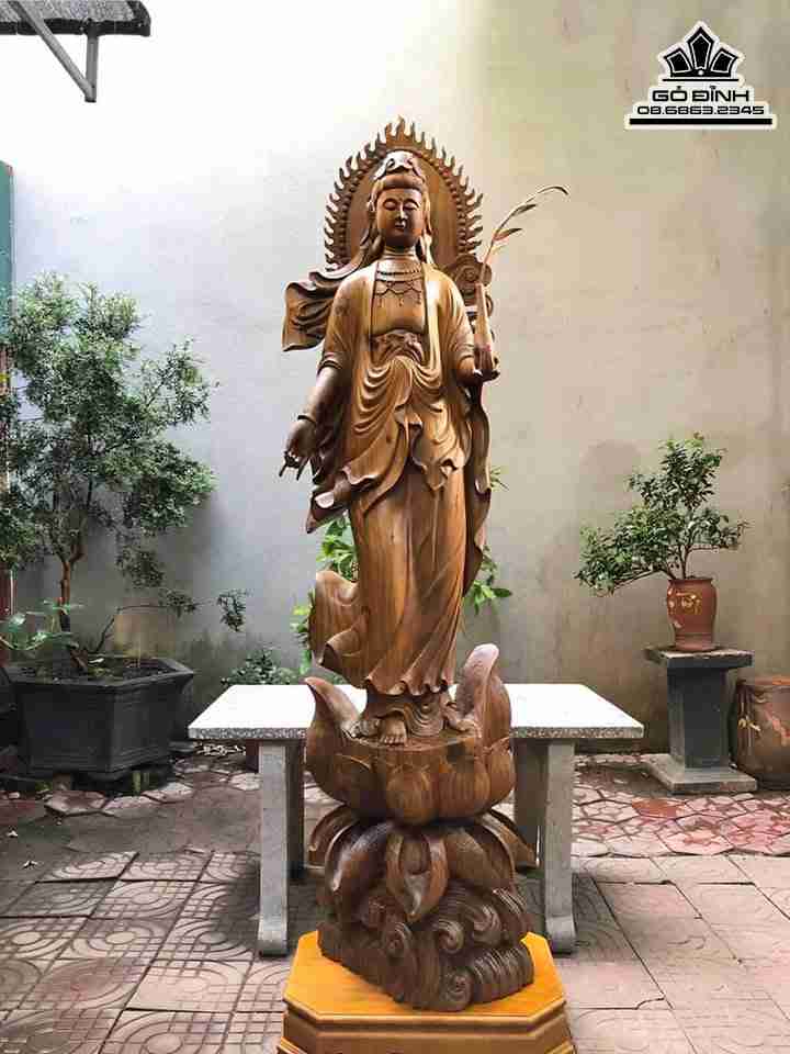 Tượng Phật Bà Quan Âm Gỗ Bách Xanh  Cao 195 Ngang 55 Sâu 40 (cm) 