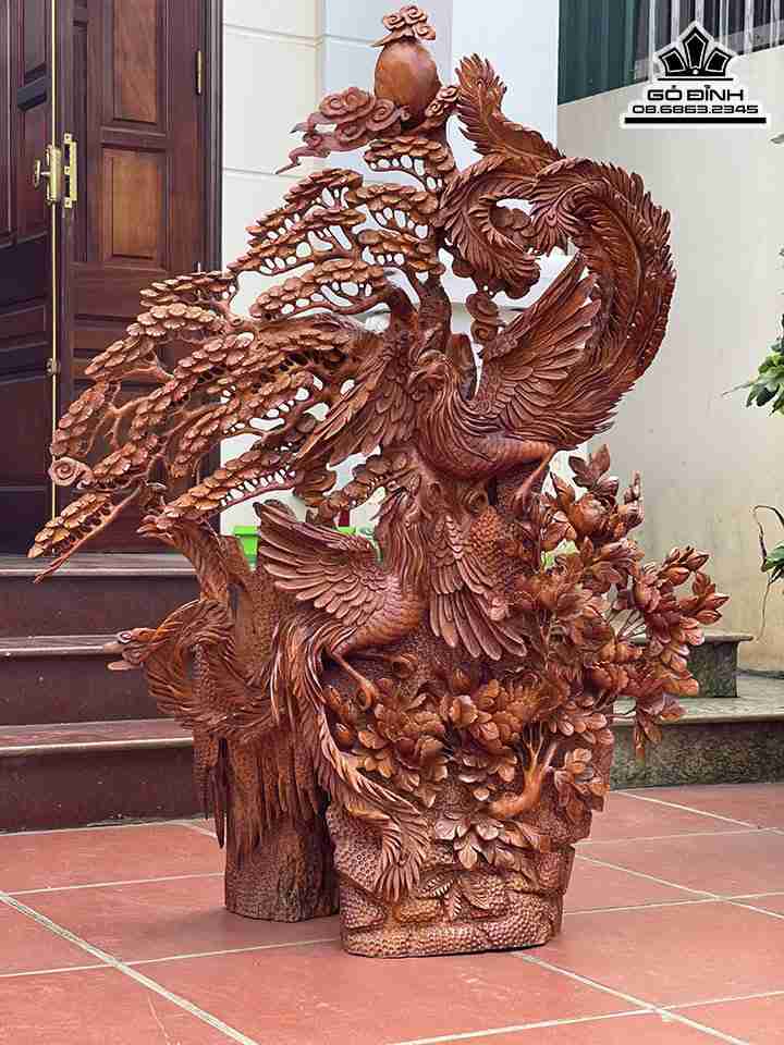 Tượng Song Phụng Uyên Ương Gỗ Hương Việt  Cao 133 Ngang 100 Sâu 38 (cm)