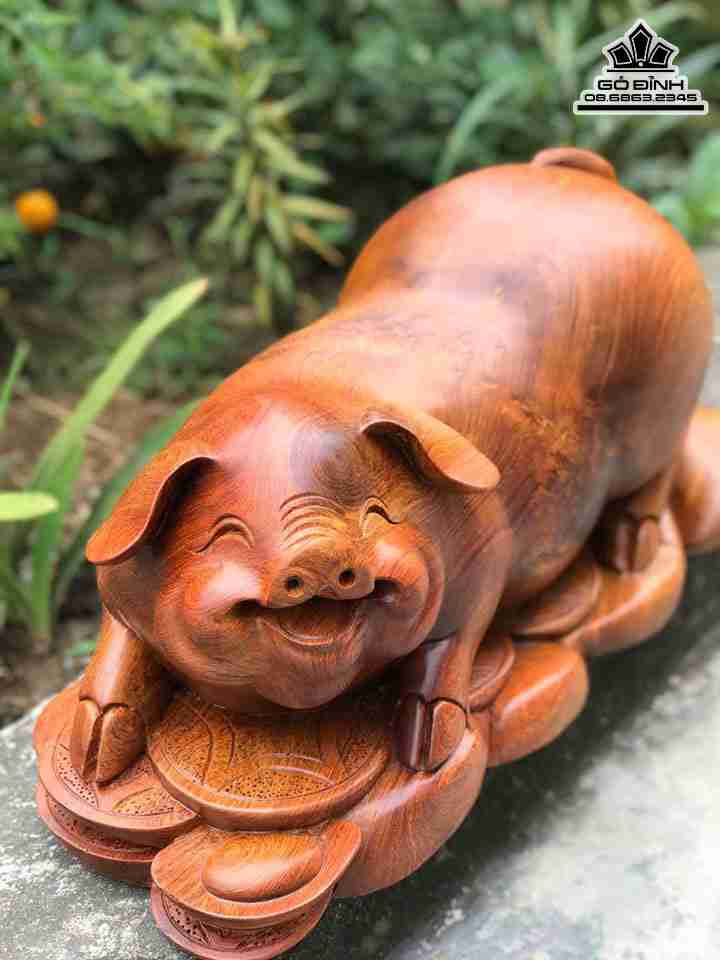 Tượng Heo Phú Quý Gỗ Hương  Cao 24 Rộng 51 Dày 23 (cm)