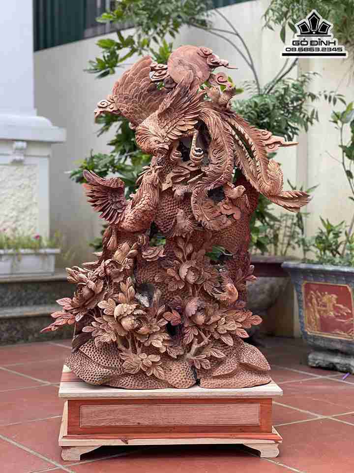 Tượng Song Phụng Uyên Ương Gỗ Hương Việt  Cao 100 Ngang 80 Sâu 48 (cm)