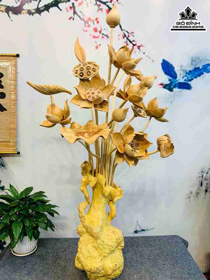 Bình Hoa Sen Bình Gỗ Nu Cà Phê Hoa Gỗ Ngọc Am  Cao 117 Ngang 64 Sâu 40 (cm)