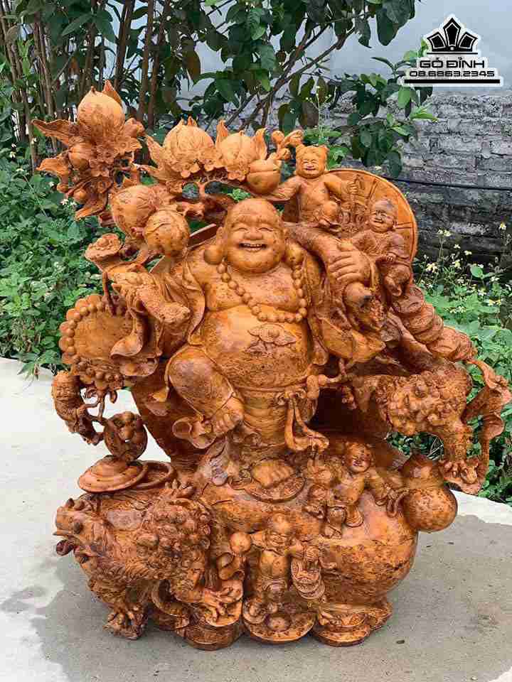 Tượng Phật Di Lặc Vác Cành Đào Tài Lộc Gỗ Nu Ngọc Am  Cao 80 Ngang 68 Sâu 32 (cm)