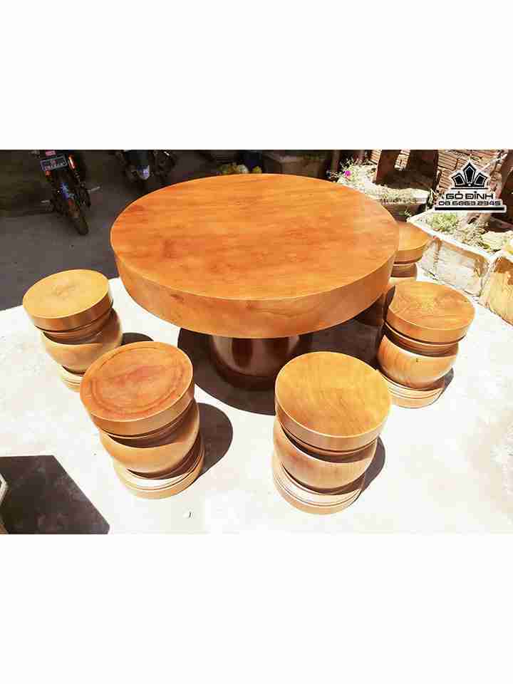 Bộ Bàn Ghế Gỗ Dổi Vàng  (copy) Bàn Đường Kính 110 Dày 14, Đôn Cao 45 Đường Kính 34 (cm)