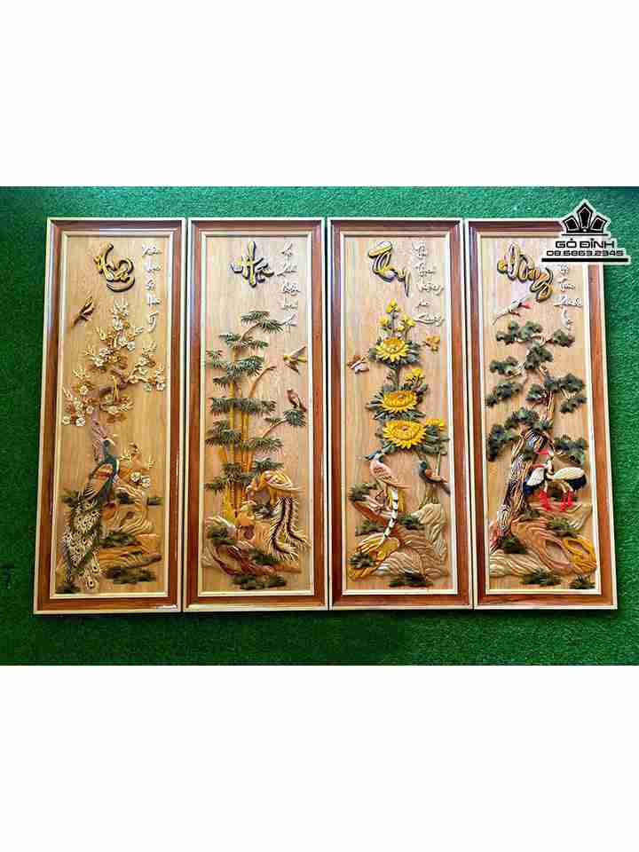 Tranh Tư Quý Gỗ Pơ Mu  Cao 135 Ngang 48 Dày 1.5 (cm)