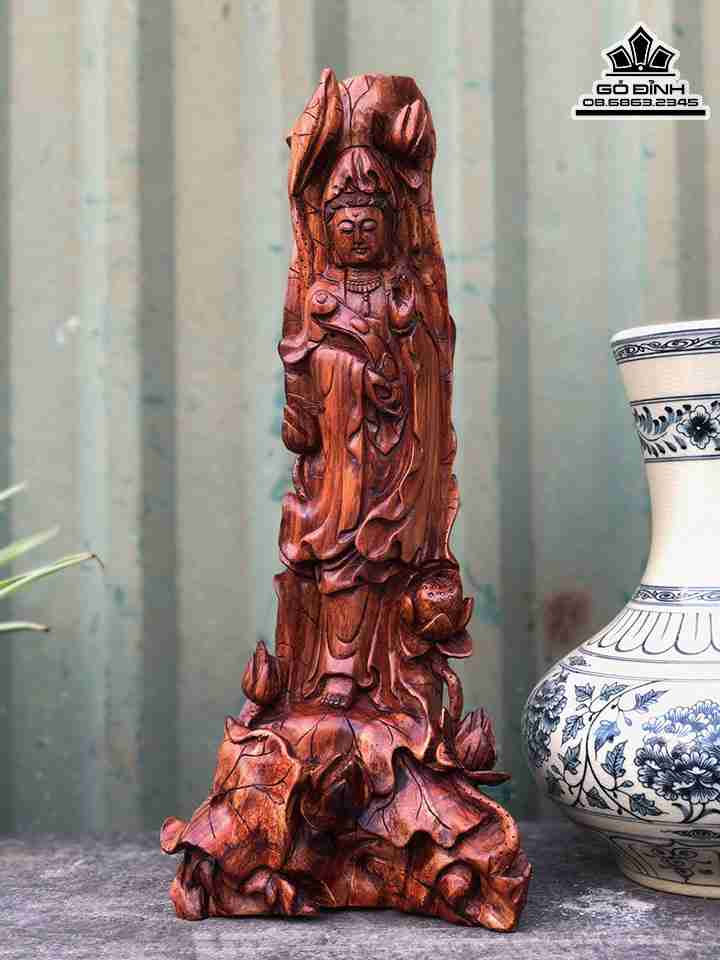 Tượng Phật Bà Quan Âm Gỗ Sưa   Cao 36 Ngang 15 Sâu 10 (cm)