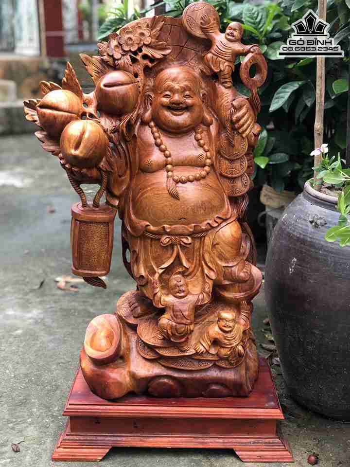 Tượng Phật Di Lặc Vác Cành Đào Gỗ Hương Việt  Cao 72 Ngang 45 Sâu 22 Cả Kỷ 82 (cm)