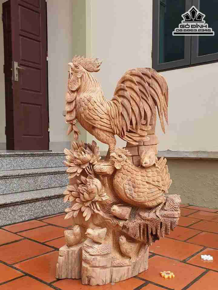 Tượng Gia Đình Gà Gỗ Ngọc Am  Cao 100 Ngang 54 Sâu 25 (cm)