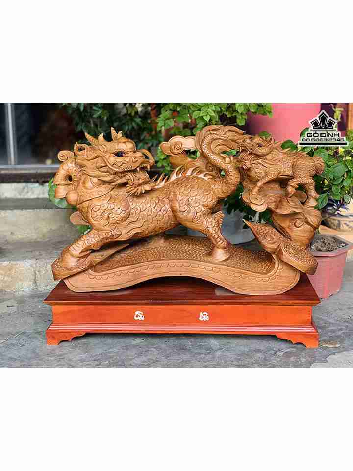 Tượng Kỳ Lân Mẫu Tử Gỗ Ngọc Am  Cao 52 Ngang 86 Sâu 25 Cả Kỷ 69 (cm)