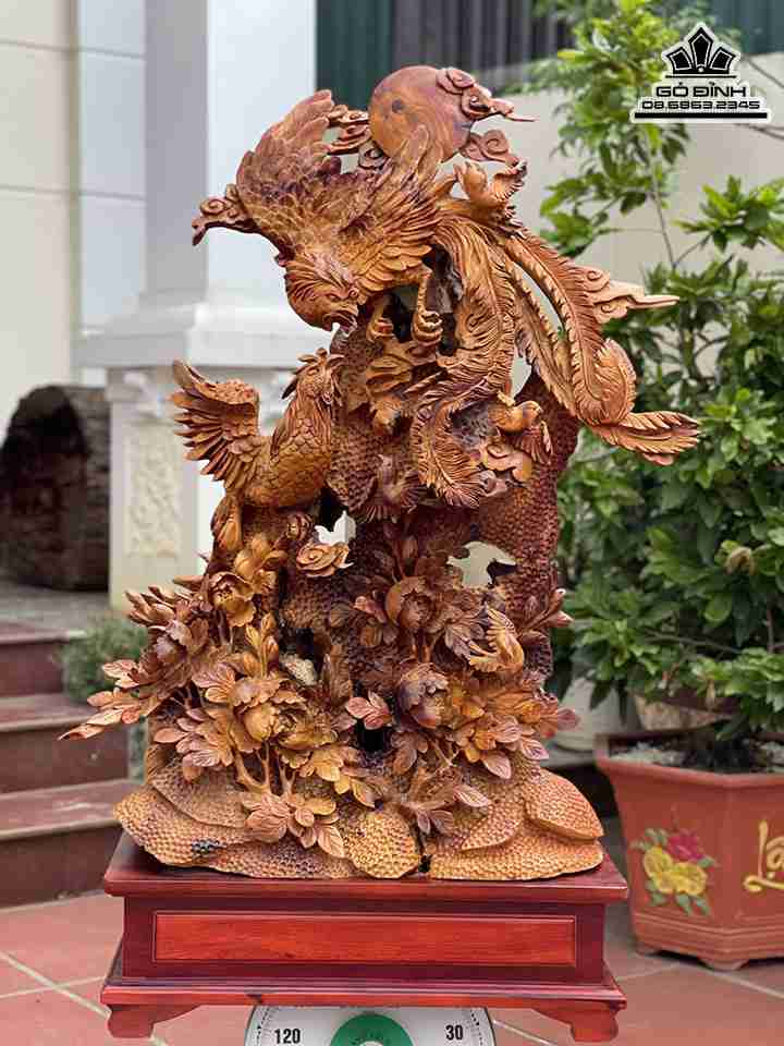 Tượng Song Phung Uyên Ương Gỗ Hương  Cao 100 Ngang 80 Sâu 48 Cả Kỷ 120 (cm)