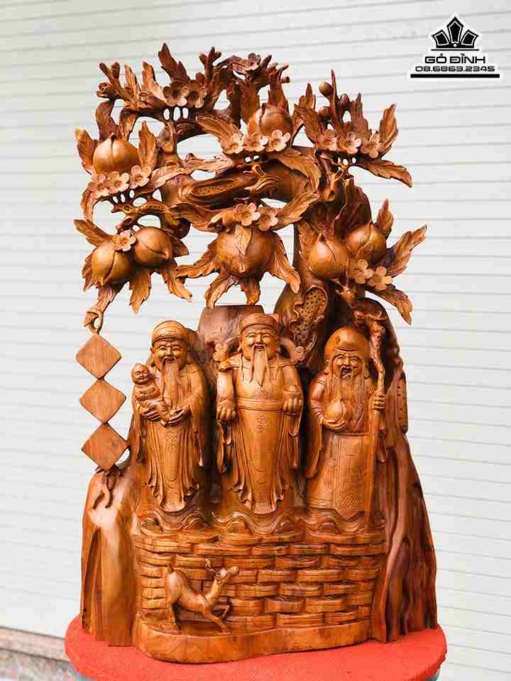 Tượng Tam Đa Phúc Lộc Thọ Đứng Gốc Đào Gỗ Hương  Cao 100 Rộng 65 Sâu 35 (cm)