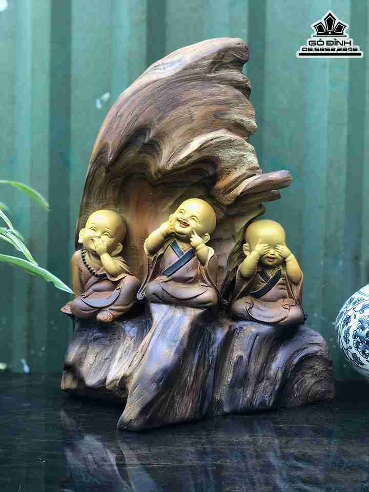 Tượng Tam Không Gỗ Bách Xanh  Cao 32 Ngang 24 Sâu 16 (cm)