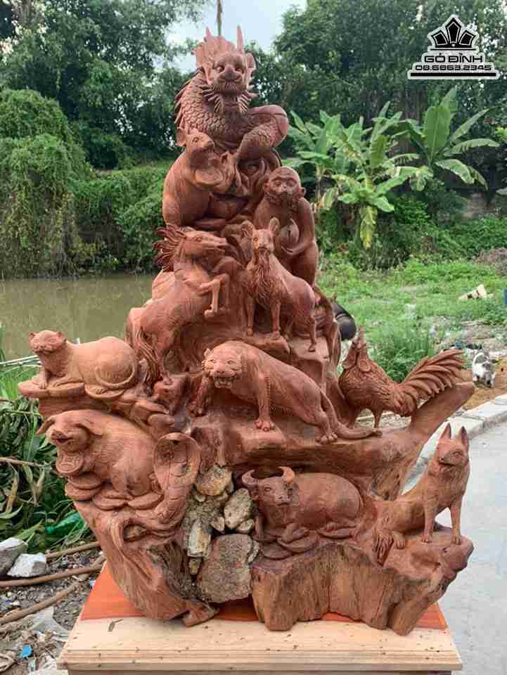 Tượng 12 Con Giáp Gỗ Hương  Cao 130 Ngang 78 Sâu 36 (cm)