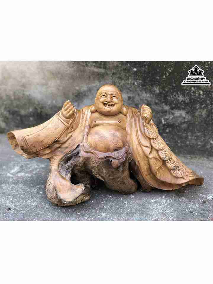 Tượng Phật Di Lặc Gỗ Bách Xanh  Cao 23 Ngang 42 Sâu 18 (cm)