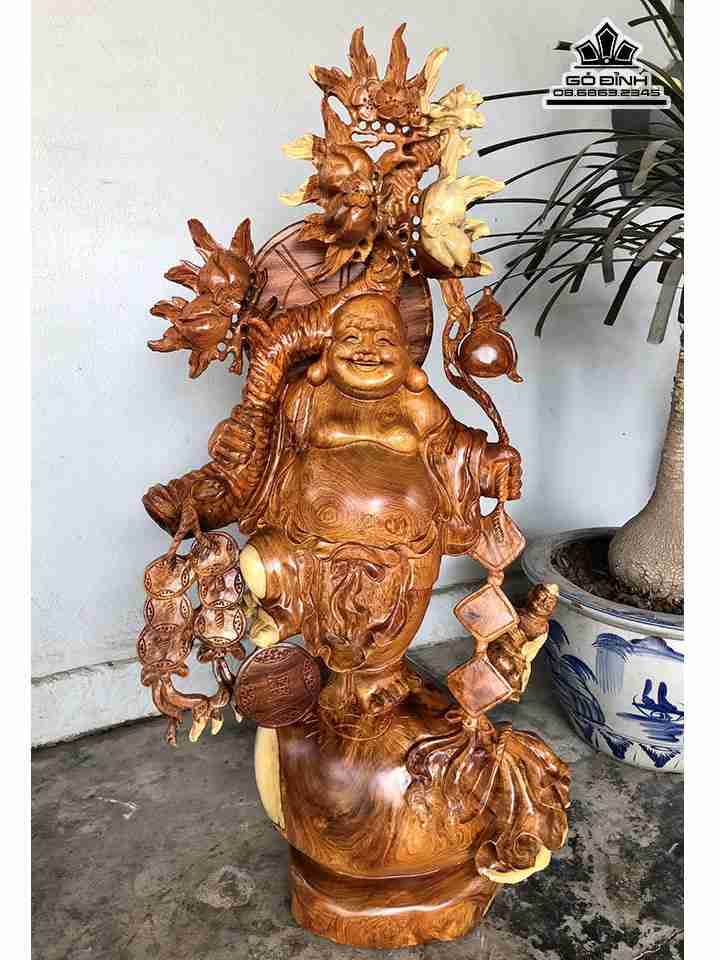 Tượng Phật Di Lặc Vác Cành Đào Gỗ Hương  Cao 86 Ngang 45 Sâu 24 (cm)