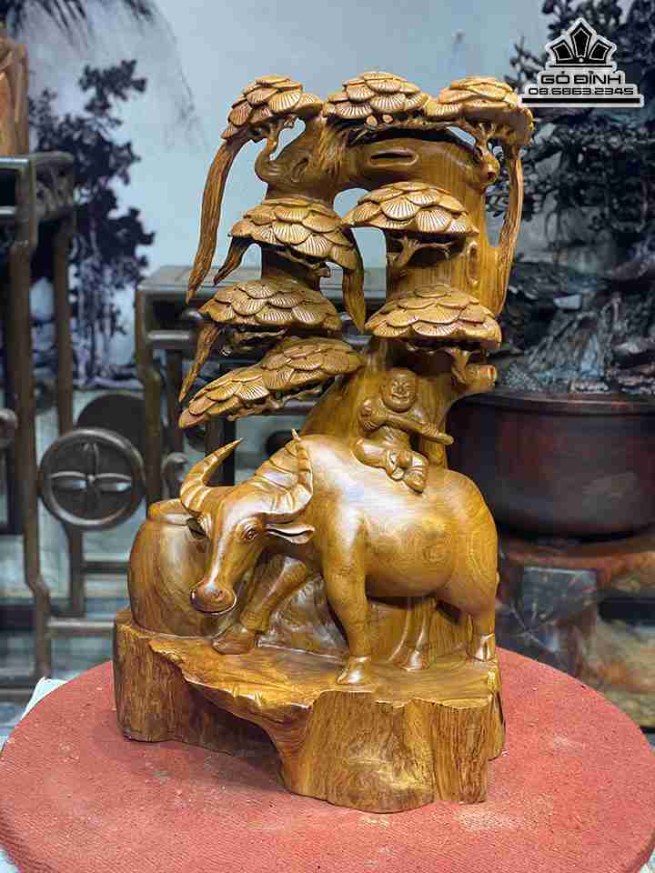 Tượng Tiểu Đồng Cưỡi Trâu Gỗ Hương Việt  Cao 72 Ngang 45 Sâu 35 (cm)