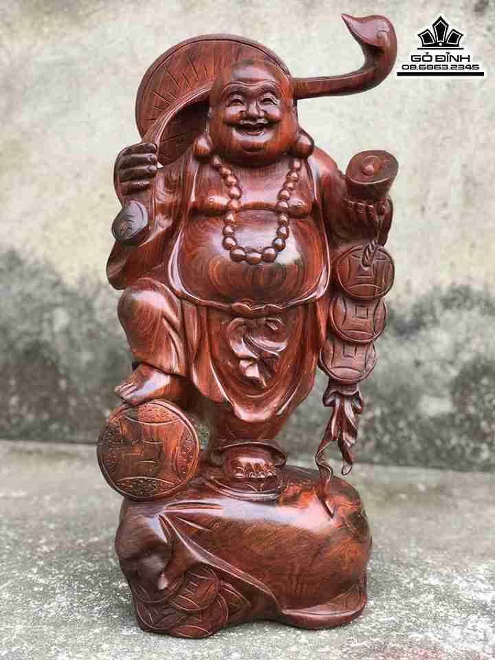 Tượng Phật Di Lặc Vác Gậy Như Ý Gỗ Trắc  Cao 41 Ngang 18 Sâu 15 (cm)