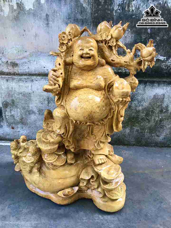 Tượng Phật Di Lặc Gỗ Nu Kháo  Cao 75 Ngang 64 Sâu 31 (cm)