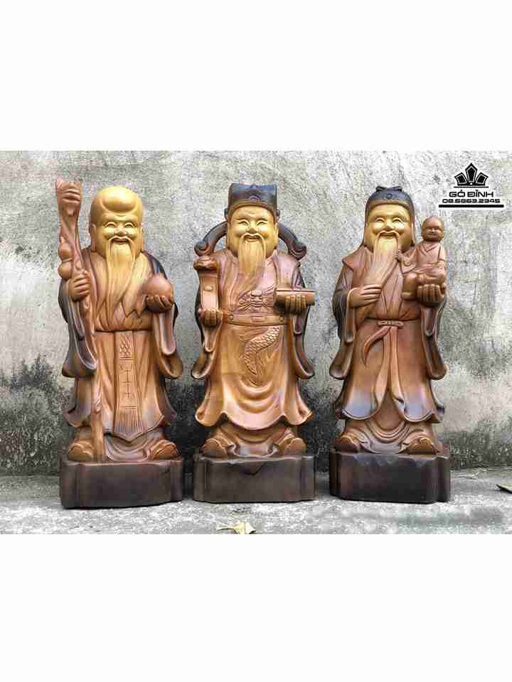 Tượng Tam Đa Phúc Lộc Thọ Gỗ Bách Xanh  Cao 50 Ngang 19 Sâu 15 (cm)