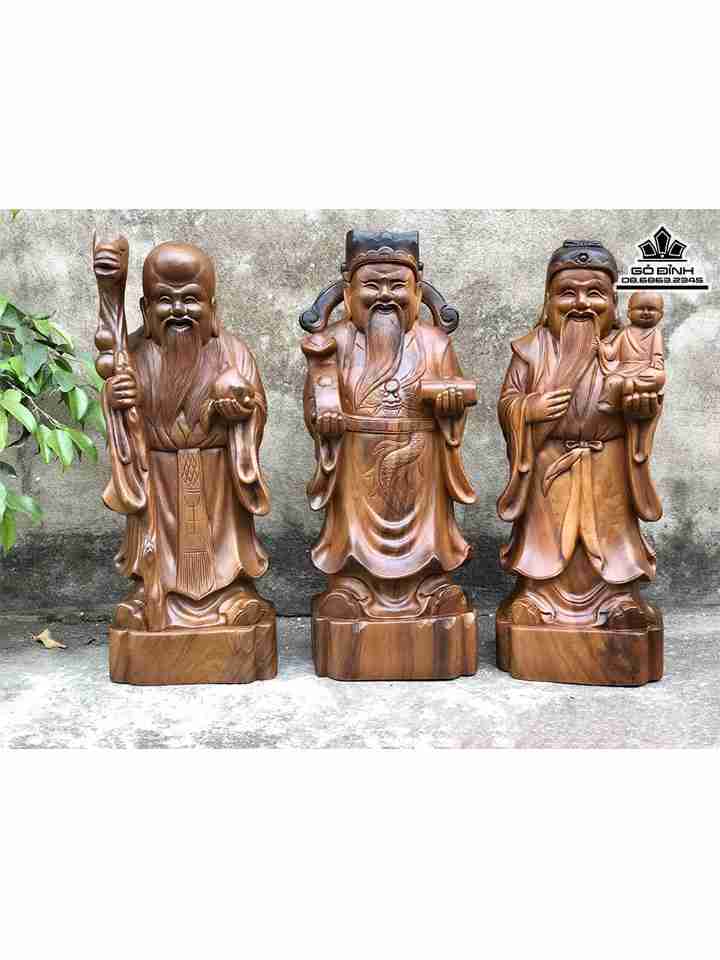 Tượng Tam Đa Phúc Lộc Thọ Gỗ Bách Xanh  Cao 50 Sâu 15 Ngang 19 (cm)