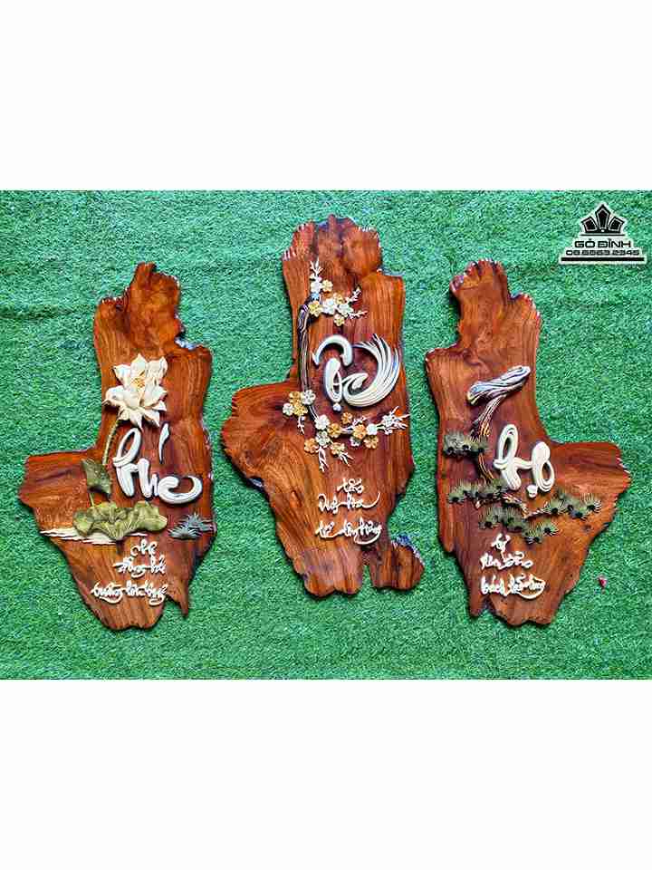 Tranh Phúc Lộc Thọ Gỗ Hương  Cao 80 Ngang 40 Dày 2 (cm)